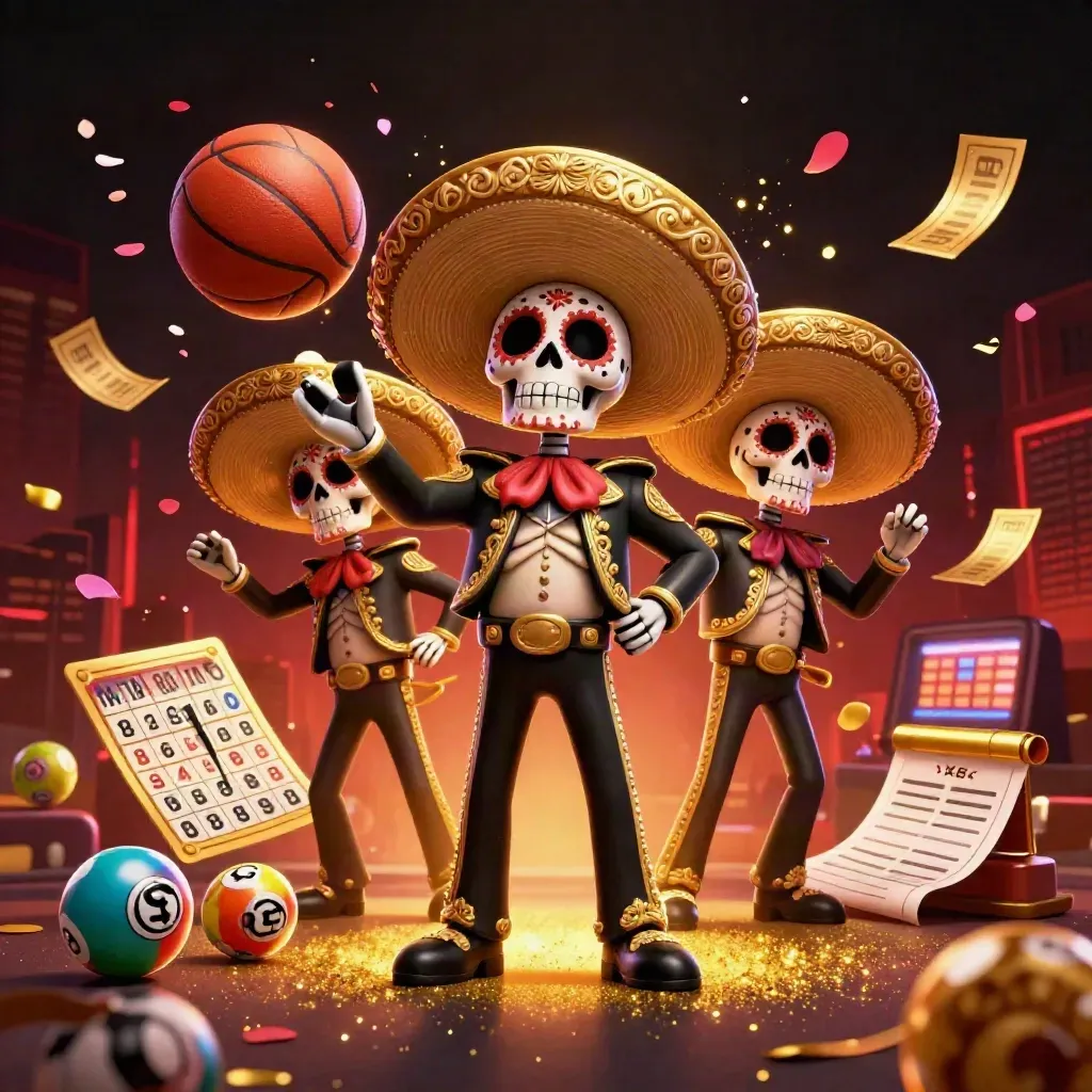 Skeleton mariachi trio amid casino prizes, balls, petals, and glowing city lights.