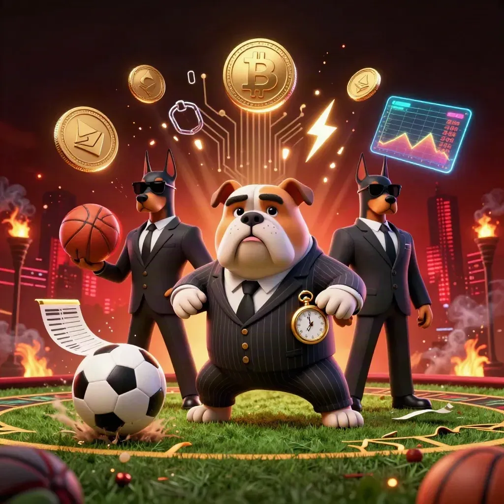 Cartoon bulldog boss and Dobermans amid flying sports balls, coins, and casino glow.