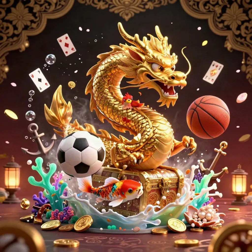 Golden dragon, phoenix, koi, balls and treasure erupt in casino light over dark damask.