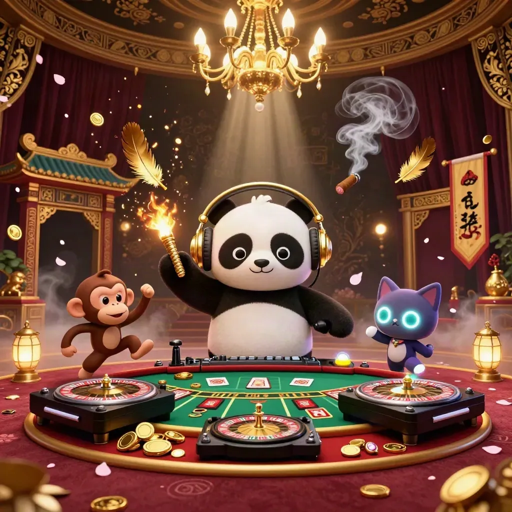DJ panda, dancing monkey, and rave kitten in a luxe casino hall with roulette and gold glow.