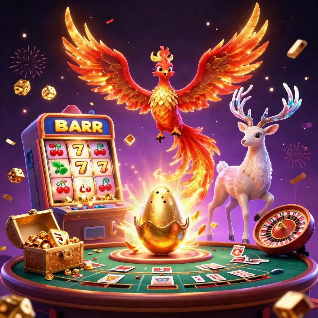 Phoenix, stag, and baby phoenix burst through casino riches in a cosmic neon fantasy.