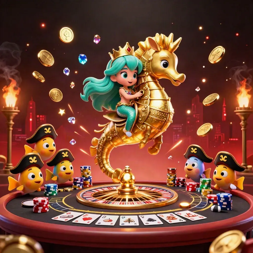 Mermaid princess on a golden seahorse amid casino lights, coins, chips, cards and a spinning roulette wheel.