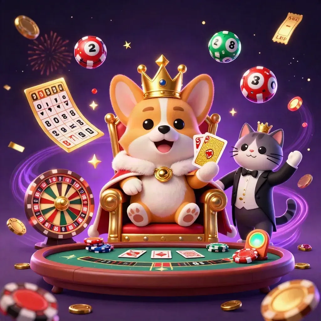 Crowned corgi and cat butler amid casino magic, spinning wheels, confetti, and purple-gold glow.