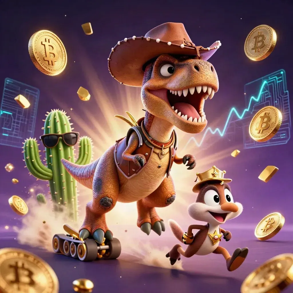 Cowboy T-Rex, cactus sidekick, and roadrunner amid gold coins and neon casino energy