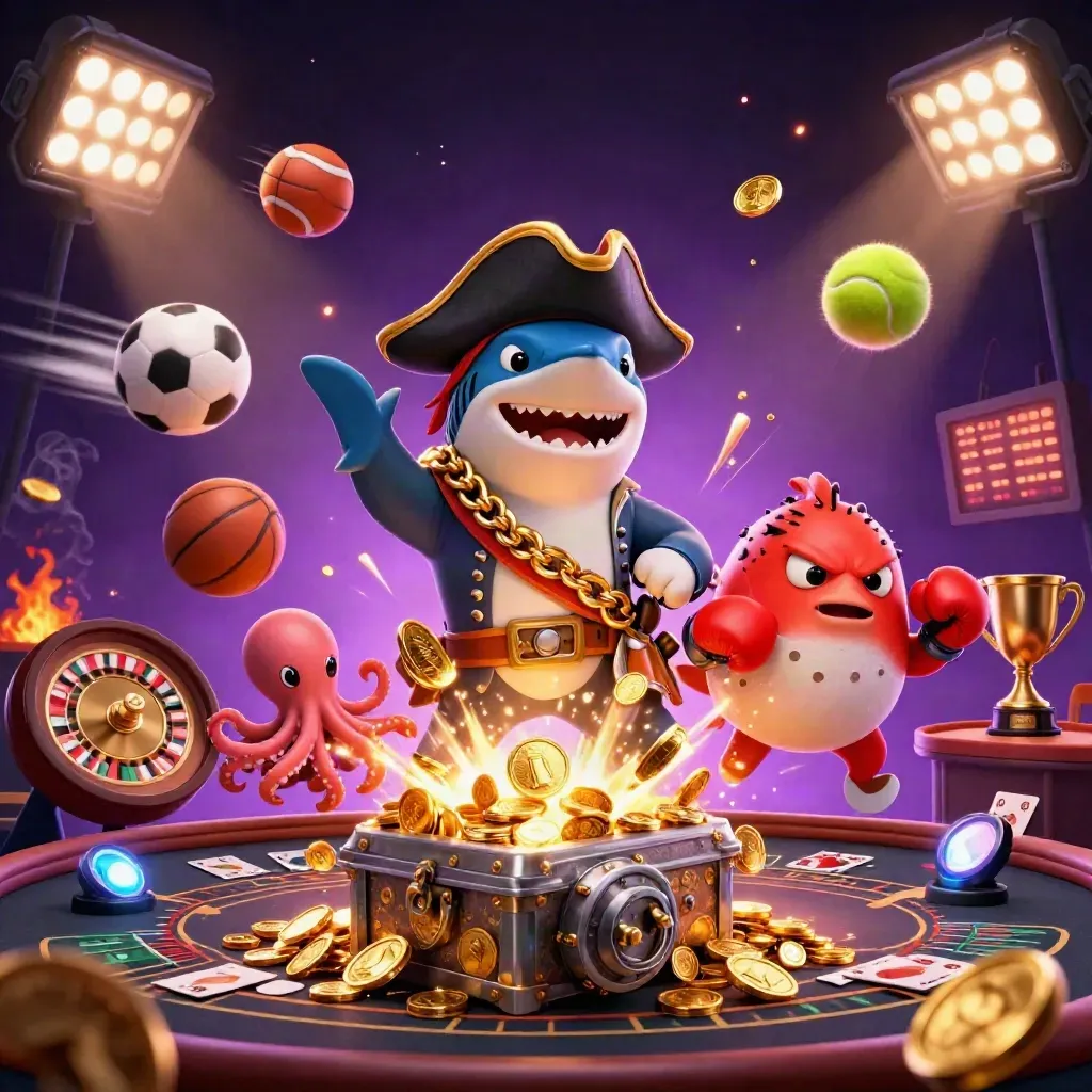 Pirate shark, boxing pufferfish, and juggling octopus amid coins, sports balls, trophy, and casino lights.