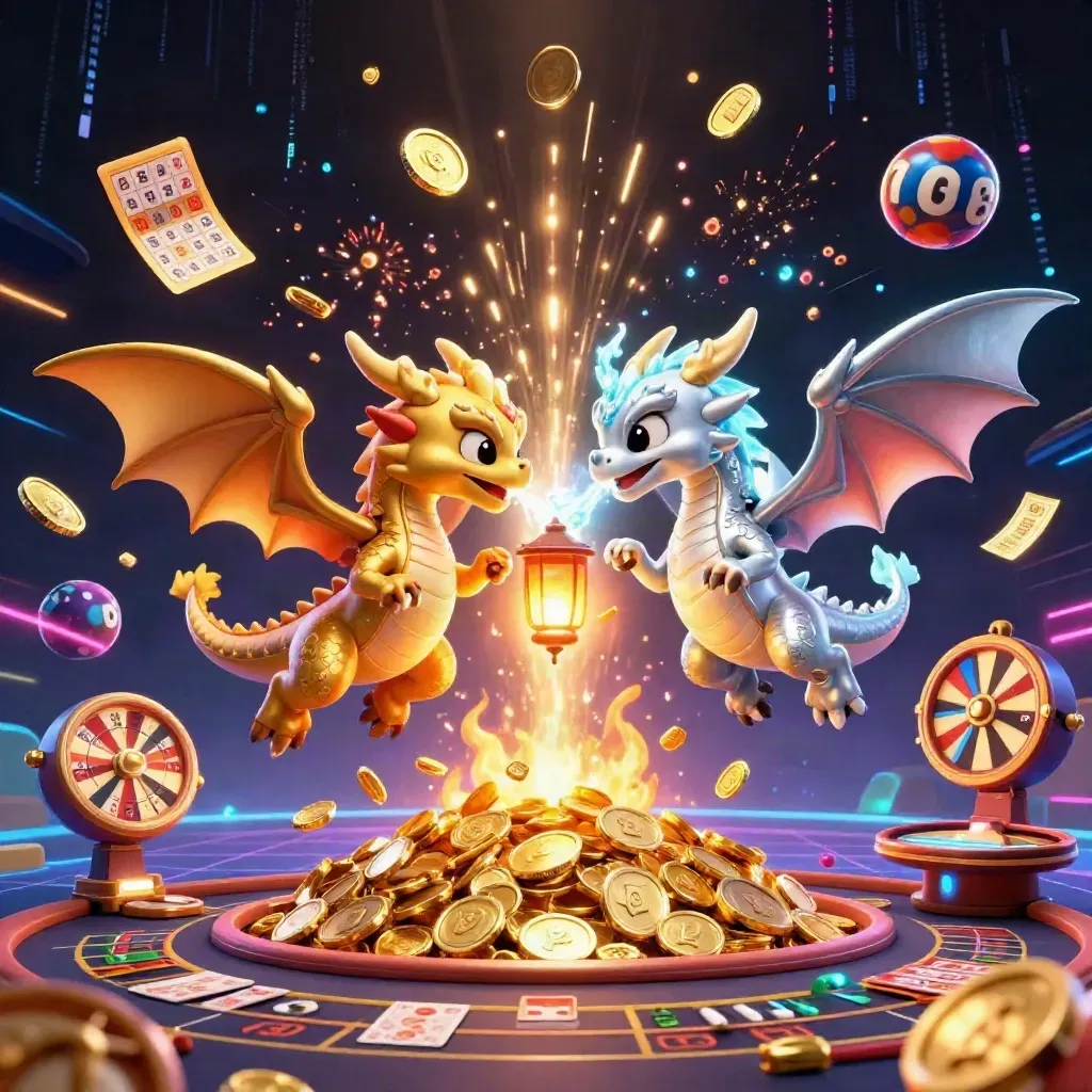 Twin gold and silver dragons twist through casino treasures, neon sparks, and fire-and-ice magic.