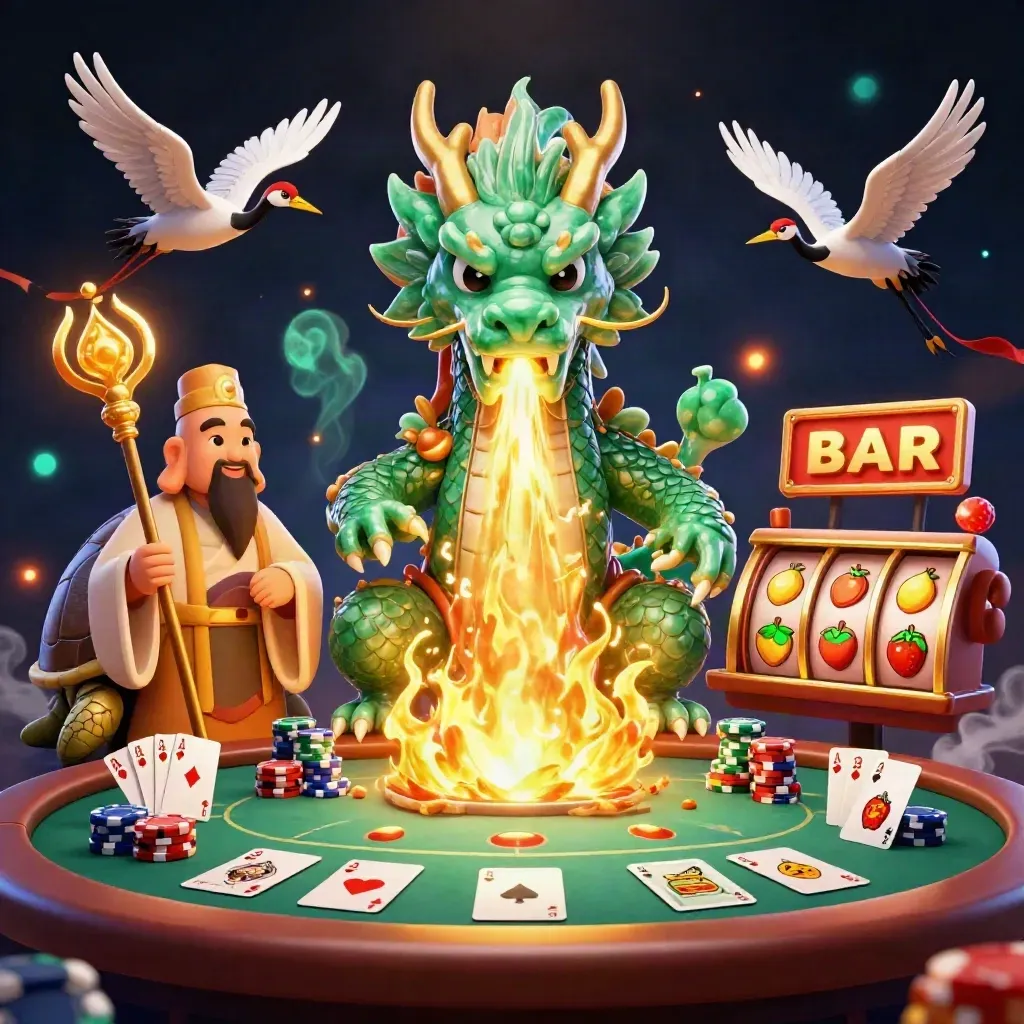 Emerald dragon, turtle sage, and cranes amid casino chips, cards, reels, and golden fire