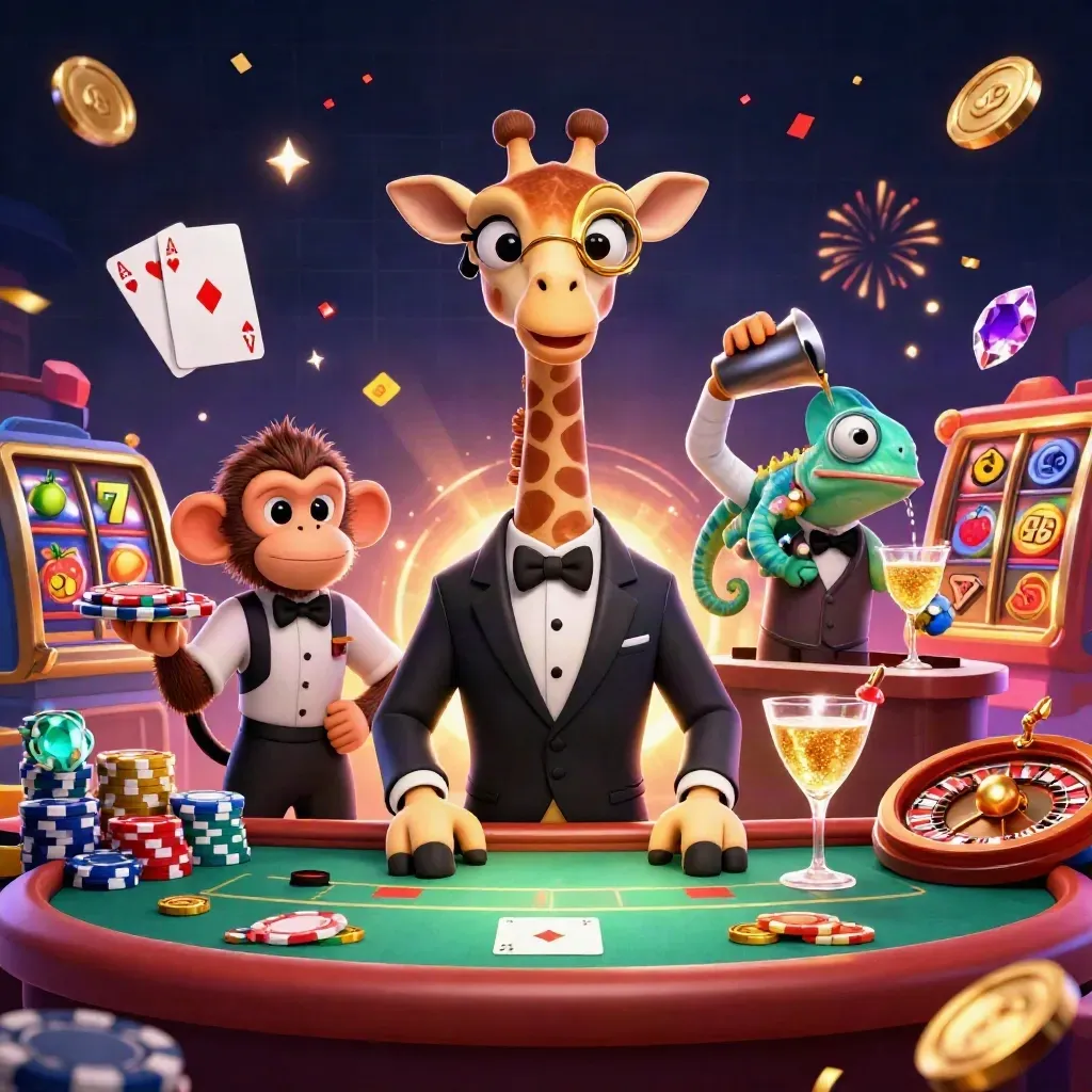 Glam giraffe, monkey valet, and chameleon bartender around a glowing casino table with chips and reels