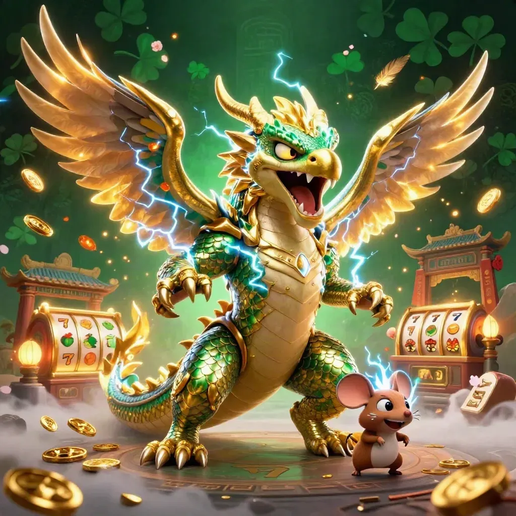 Thunder dragon, wind hawk, and crackling mouse amid casino relics in emerald-gold light.