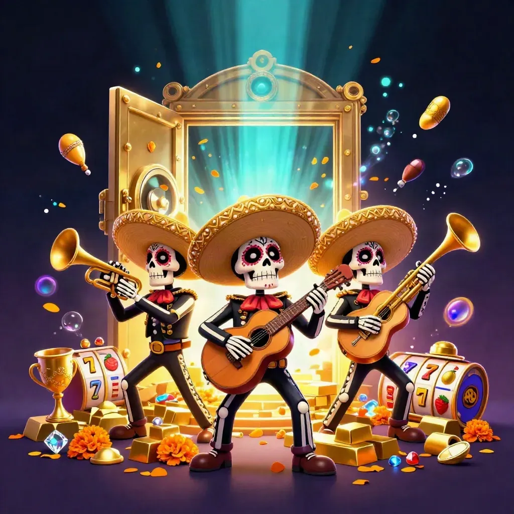 Day-of-the-Dead mariachi skeleton trio amid gold vault, gems, reels, and cyan-purple casino glow