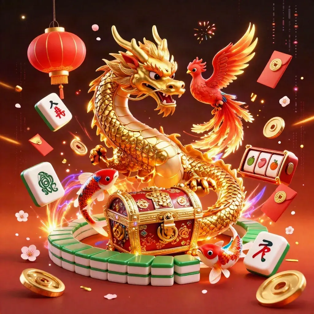 Golden dragon with phoenix, koi, casino symbols, and neon glow on dark ember background.
